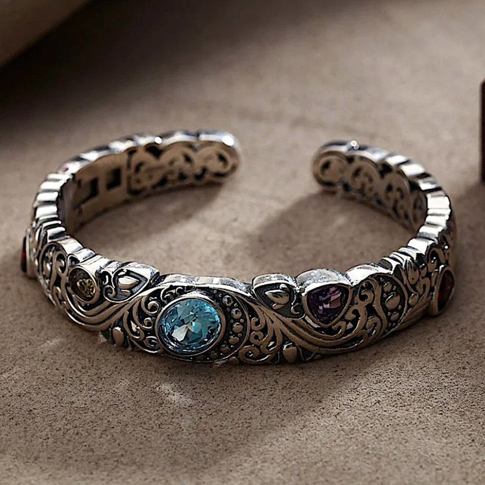 Vintage Sterling Silver Bangle, Multicolor Gemstone Engraved Cuff, Elegant